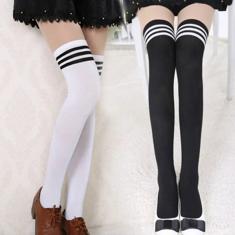 Sexy Black White Striped Thigh High Socks